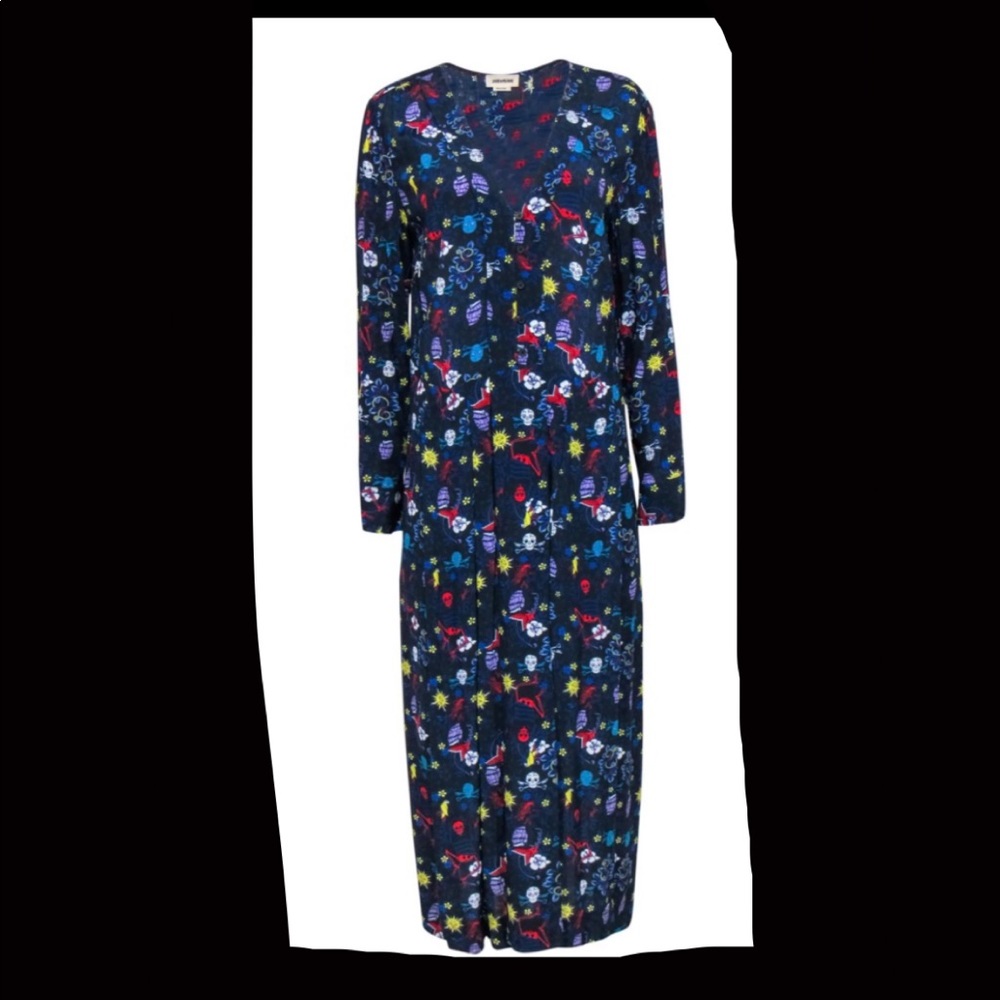 Zadig & Voltaire Navy & Multicolor Print Maxi Dress W/ Ruffled Trim
